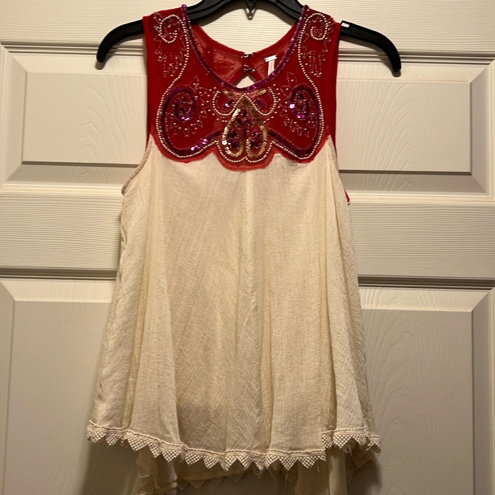 Free People Cream Sequin Beaded Sleeveless Blouse Size XS  EUC